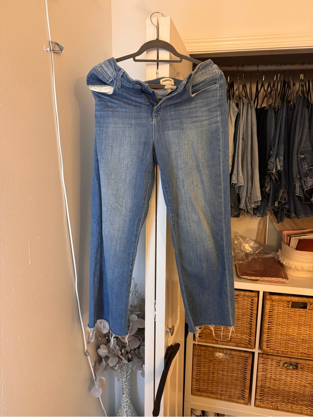 L'AGENCE Distressed Mid Blue Cropped Jeans